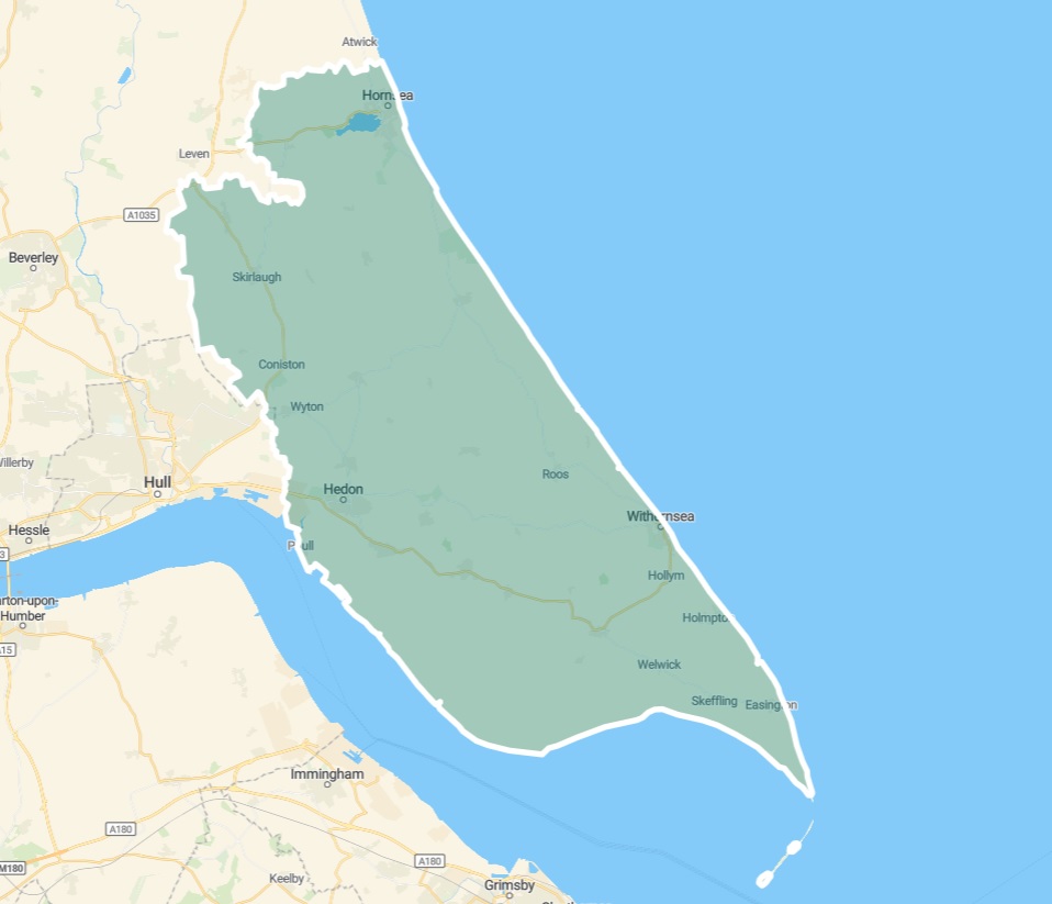 Rated-EPCs Service Coverage Map for East Riding of Yorkshire Postcodes HU11, HU12, HU18, HU19